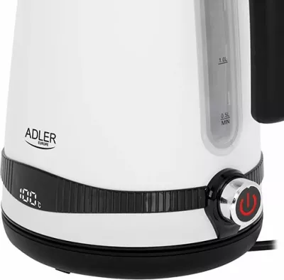 hervues uji elektrik ADLER AD1295w 1.7L LCD, rregullim temperature 40-100°C, 1850-2200W, bardhë/zezë