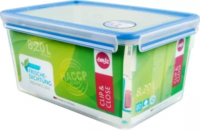 Enë plastike Emsa CLIP & CLOSE 8.2L, transparente/blu