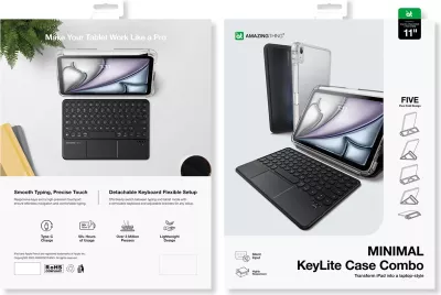 Mbështjellës me tastierë Bluetooth me touchpad, AmazingThing, Minimal Case KeyLite Combo, për iPad Air 11" (M3 2025), kënd i rregullueshëm, i zi