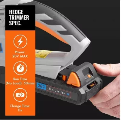 Trimer me bateri për gardh VONHAUS G-Series MPN 2515067 20V MAX 1.5Ah, teh 51 cm, prerje deri 15 mm, gri/portokalli, set me bateri+karikues+mbrojtës tehu