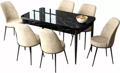 Set tavoline me karrige për ngrënie, zgjatues, Skye Decor, ngjyrë mermeri të zi dhe krem, 7 copë