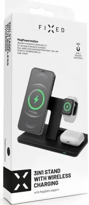 Stacion karikimi pa kabllo Fixed MagPowerstation FIXMPOS-BK 3-në-1 15W MagSafe/Qi, e zezë