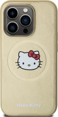 Mbështjellës Hello Kitty Leather Kitty Head MagSafe për iPhone 15 Pro Max, lëkurë artificiale, ari