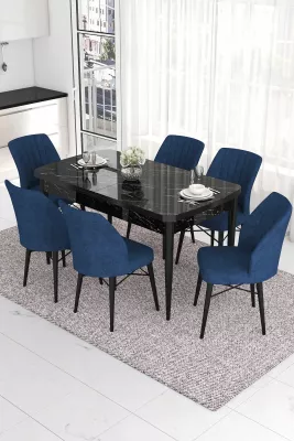 Tavolinë me karrige për ngrënie, e zgjatshme, 7 copë, ngjyrë mermeri të zi, karrige blu të errët, Skye Decor, Eva