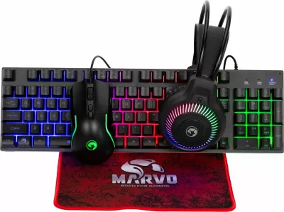 Set periferikësh gaming Marvo CM416 4në1, tastierë 104 taste membrane, maus 8000 DPI, kufje over-ear 50 mm, layout SLO/HR, i zi