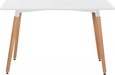Tavolinë minimaliste për kuzhinë, MDF e bardhë, këmbë druri ahu natyral, 120x60x74cm