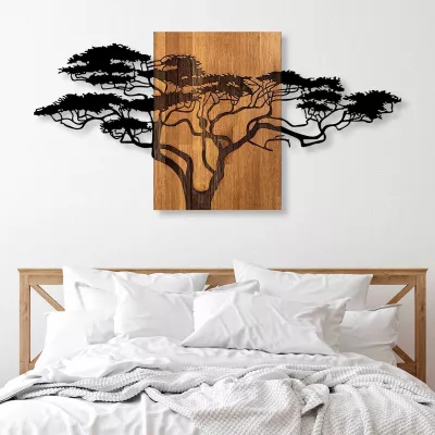 Aksesor dekorativ për mur, dru dhe metal, motiv peme akacie, ngjyrë e zezë dhe arre, 144x3x70cm