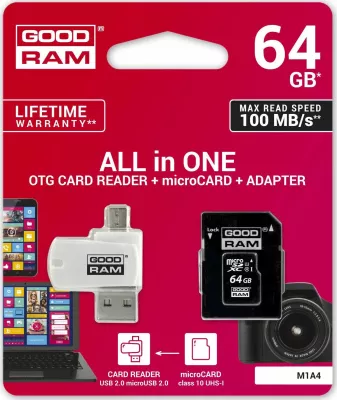 Kartë memorje MicroSDXC GoodRam All in One M1A4-0640R12 64GB Class 10 UHS-I/U1 me adapter dhe lexues USB 2.0/micro USB