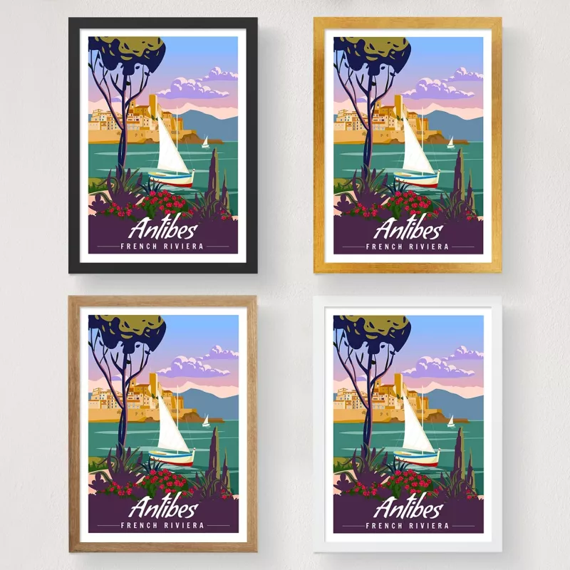 Poster A4, Antibes, French Riviera, shumëngjyrësh, pa kornizë