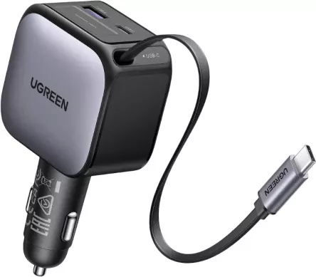 Karikues për veturë UGREEN 55212B 60W, kabllo USB-C e integrume me rrotullim 70cm, 1x USB-C + 1x USB-A, GaN, Space Grey