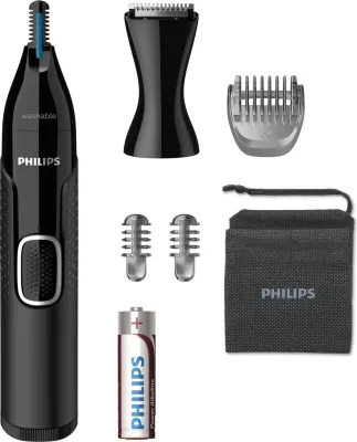 Makinë rroje për hundë dhe veshë Philips NT5650/16 Series 5000, e larshme, me krehra për vetulla dhe kokë detaji, me bateri AA, e zezë