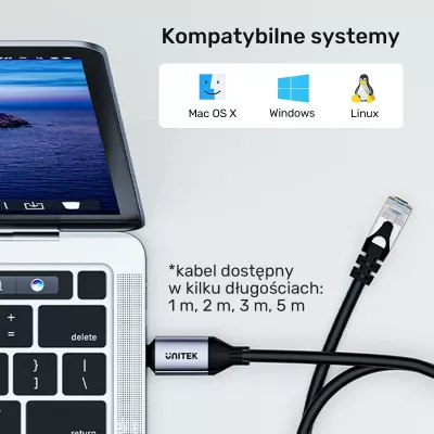 Kabllo Ethernet Unitek USB-C RJ-45 LAN, 3m, ngjyrë zezë-argjendtë