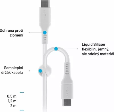 Kabllo USB-C–USB-C Fixed FIXDLS-CC2-WH 2 m PD 60W, e bardhë, me organizues ngjitës dhe rrip Velcro