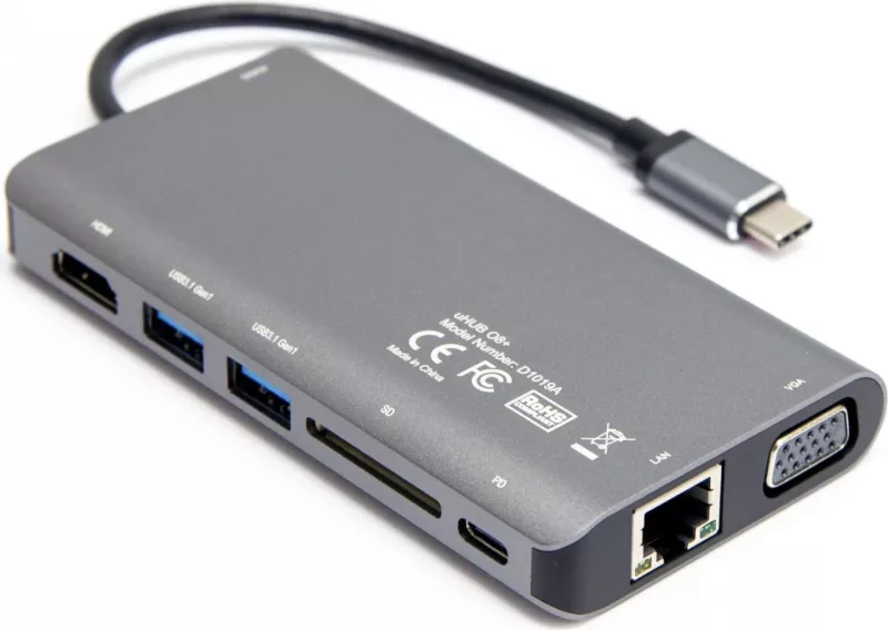 Përshtatës Hub Unitek USB-C, 8 në 1, 100W, hiri