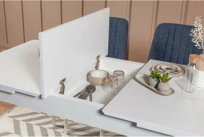 Set tavoline me karrige për ngrënie, e zgjatshme, 4 pjesë, Skye Decor, Vina 1048, ngjyrë bardhë dhe kaltër e errët