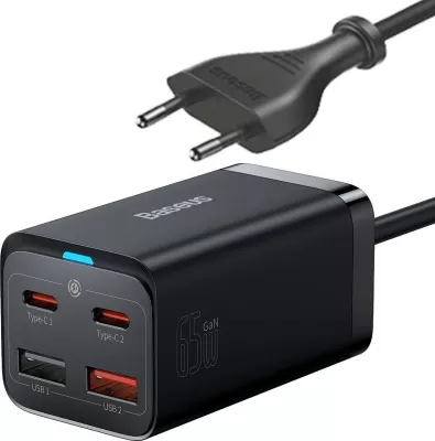 Karikues Baseus GaN3 Pro CCDK65E 65W 2x USB-C 2x USB-A me kabllo USB-C në USB-C 1m, i zi (CCGP040101)