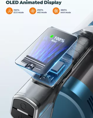 Fshesë me korent pa kabllo Honiture/Buture VC60 450W, 38000Pa, OLED, 1.5L, HEPA, deri 55min, set me aksesorë, blu/turkeze