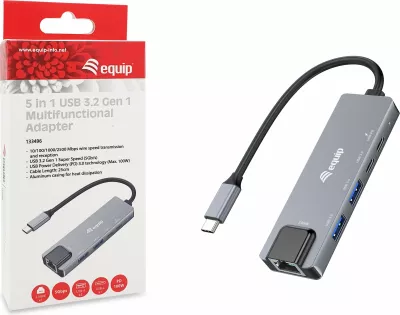 Adapter multifunksional Equip 5 në 1, USB-C, 2.5GbE, 100W, Gri