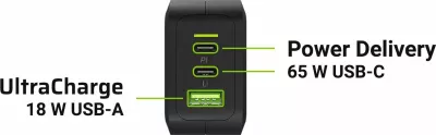Karikues rrjeti Green Cell PowerGaN 65 W, 2x USB-C + 1x USB-A, 3.25 A, i zi