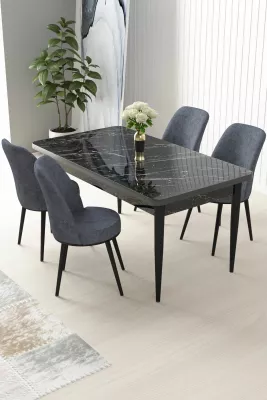 Set tavoline me karrige për ngrënie, 5 copë, Skye Decor, ngjyrë mermeri të zi, fume