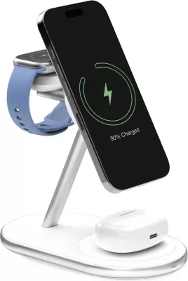 Karikues wireless 3-në-1 Puro Mag Station Qi2, MagSafe, i bardhë