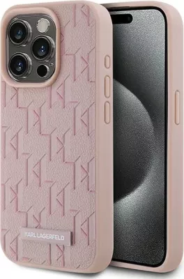 Mbështjellës Karl Lagerfeld Leather Monogram Metal Logo për iPhone 15 Pro Max, Rozë