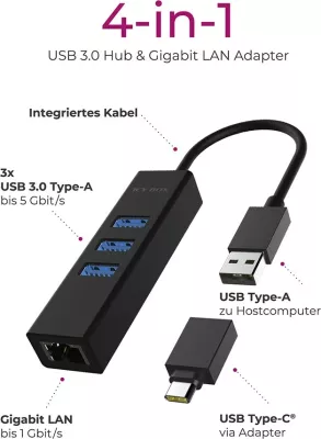 Adapter USB dhe LAN ICY BOX IB-HUB1419-LAN, USB 3.2 Gen 1, 10,100,1000 Mbit/s, i zi