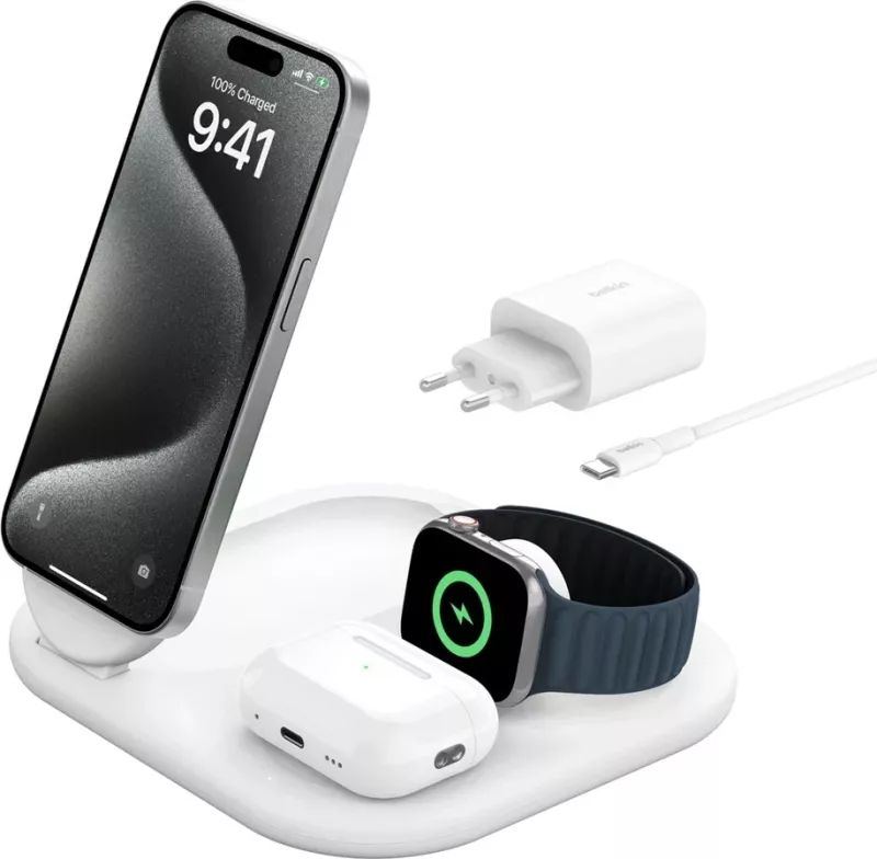 Karikues wireless Belkin BoostCharge WIZ029VFWH, për celular, kufje, smartwatch, 15W, i bardhë