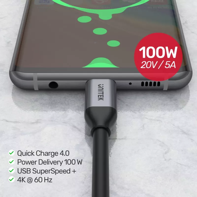 Kabllo Unitek USB-C në USB-C, 10Gbps, 4K 60Hz, 20V/5A, e zezë