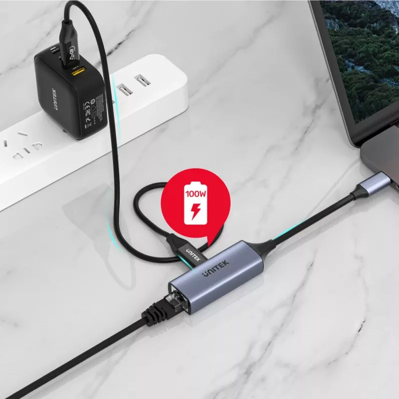 Adapter Unitek USB-C në RJ45 1Gbit LAN, PD 100W