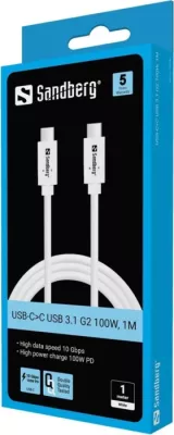 Kabllo USB-C në USB-C Sandberg 136-76 USB 3.2 Gen2 5 m PD 100 W, e bardhë