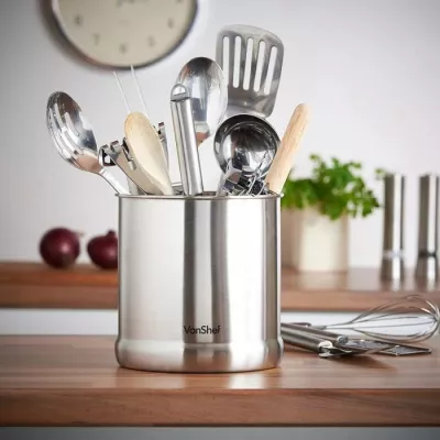 Mbajtës veglash kuzhine VonShef 1507143, çelik inox, deri 20 vegla, 17.5 x 17.5 cm, argjendtë
