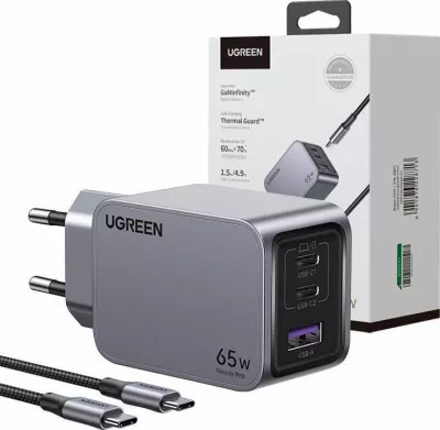 Karikues rrjeti Ugreen Nexode Pro UGR1833 65W, 2x USB-C + 1x USB-A, me kabllo USB-C 1.5m, i zi