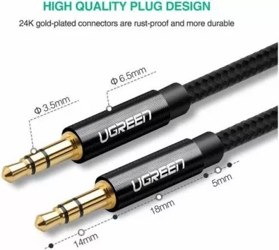 Kabllo audio AUX UGREEN 50361 3.5mm 1m, e zezë, Polybag