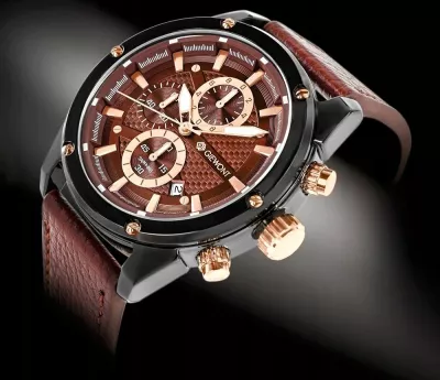 Orë dore Giewont GW8810-A3 Chronograph kuarc qelq safiri 45 mm rrip lëkure, kafe/zezë