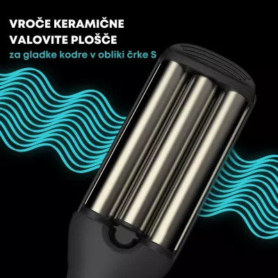 Hekur valëzues për flokë Revamp Progloss Wave Define WV-1750, triple 19 mm, 80–230°C, zi/argjendtë, me dorezë termike