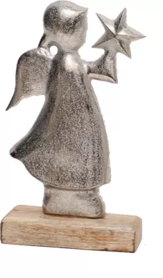 Dekor për Krishtlindje, engjëll me yll, alumin argjendi, dru mango natyral, 5x10x18cm