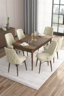 Set tavoline me karrige për ngrënie, zgjatues, ngjyrë barok dhe krem, 7 copë, Skye Decor