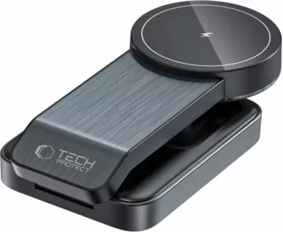 Karikues induktiv 3-në-1 Tech-Protect QI15W-A28 me MagSafe, për smartphone, Apple Watch dhe AirPods, i zi
