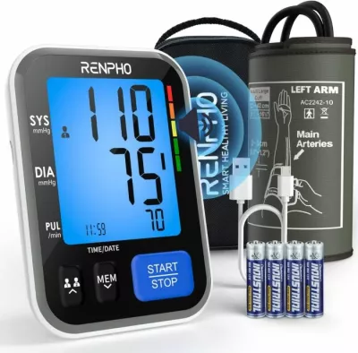 Aparat matës i tensionit të gjakut RENPHO TMB-1872, memorie 240 matje (2 përdorues), manshetë 8-16\", i bardhë, set me 4x AAA + kabllo Micro USB + çantë