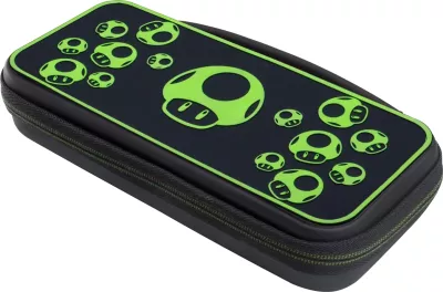 Kasë udhëtimi PDP Nintendo Switch Travel Case Plus 1-Up Glow in the Dark, me mbajtëse të integrume, e zezë/jeshile