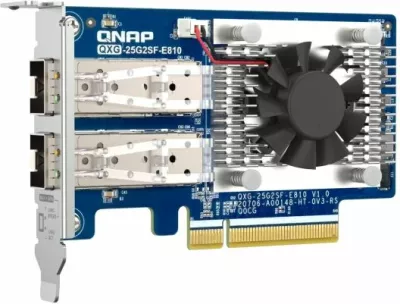 Kartë rrjeti QNAP QXG-25G2SF-E810, 25GbE, 2x SFP28, PCIe Gen4 x8, low-profile, set me 3 mbrojtëse, blu