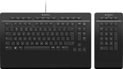 Tastierë 3Dconnexion Keyboard Pro, Numpad i ndarë, Full-size, Wired & Wireless, USB + RF Wireless + Bluetooth, Scissor key switch, QWERTZ, E zezë