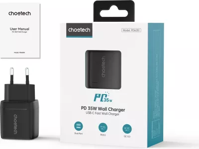 Karikues muri Choetech PD6051, 35W, 2x USB-C, me ekran, zi