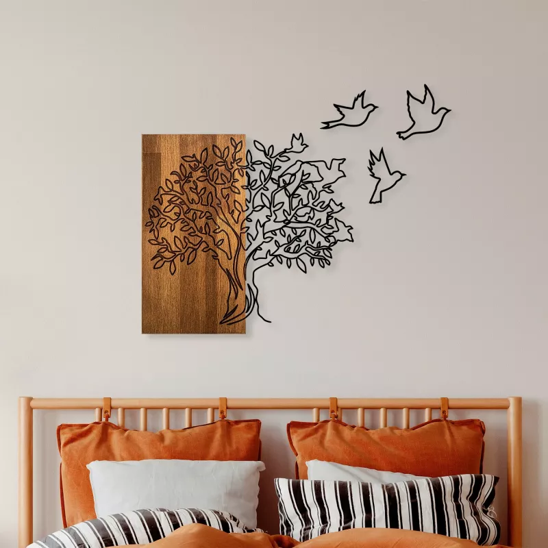Aksesor dekorativ për mur, dru, pemë dhe zogj, ngjyrë arre dhe e zezë, 61x58cm