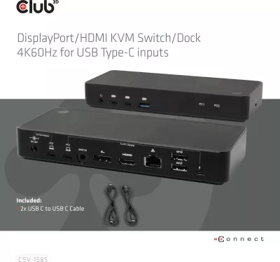 Switch KVM Club3D CSV-1585, 2x USB-C, 4K60Hz, HDMI, DisplayPort, i zi