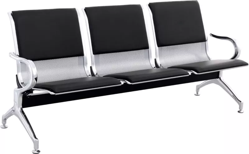 Ulëse treshe për pritje, stil aeroporti, metalike, jastëkë PU të zi, FH18400, 171x64x76cm