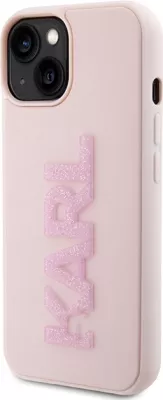 Mbështjellës Karl Lagerfeld 3D Rubber Glitter Logo për iPhone 15 Plus, rozë