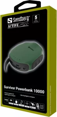 Powerbank Sandberg Survivor 420-60 10000 mAh (37 Wh) IPX6 me dritë LED dhe busullë, e gjelbër/zezë, me kabllo microUSB 30 cm + karabinë