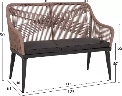 Divan për jashtë, 2 vende, alumin, ngjyrë antracit, litar Teslin bezhë, MYRTIA FH5550.12, 123x61x90cm